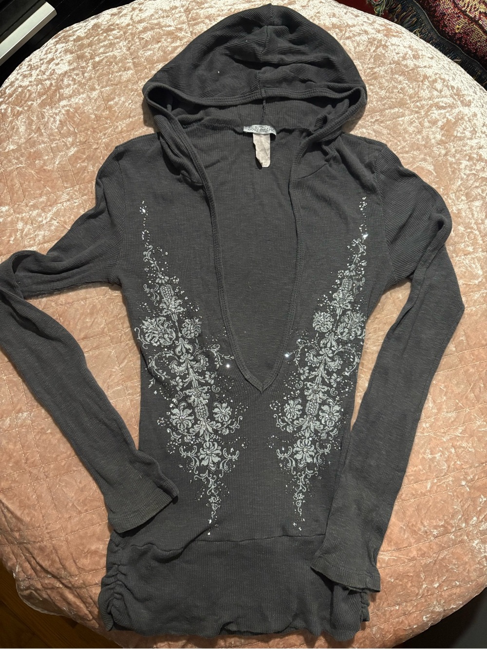 Body central Women’s Dark Gray V-Neck Hooded Long Sleeve Top vintage
